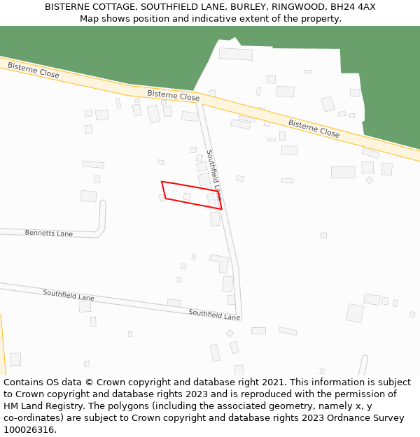 BISTERNE COTTAGE, SOUTHFIELD LANE, BURLEY, RINGWOOD, BH24 4AX: Location map and indicative extent of plot