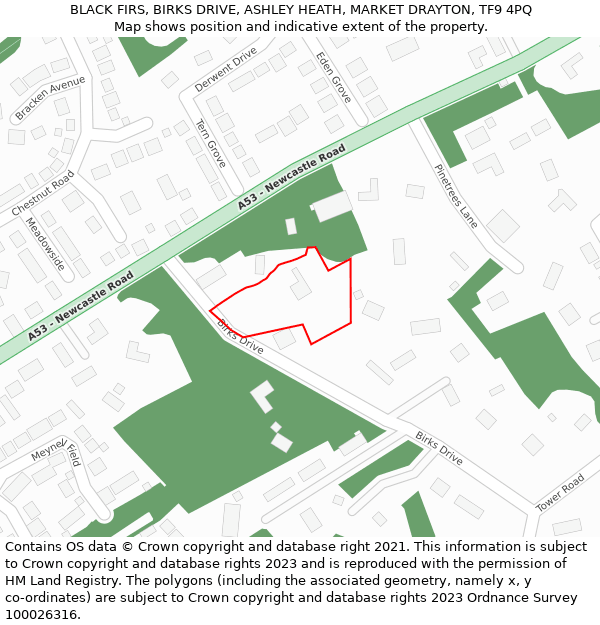 BLACK FIRS, BIRKS DRIVE, ASHLEY HEATH, MARKET DRAYTON, TF9 4PQ: Location map and indicative extent of plot