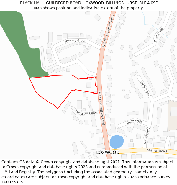 BLACK HALL, GUILDFORD ROAD, LOXWOOD, BILLINGSHURST, RH14 0SF: Location map and indicative extent of plot