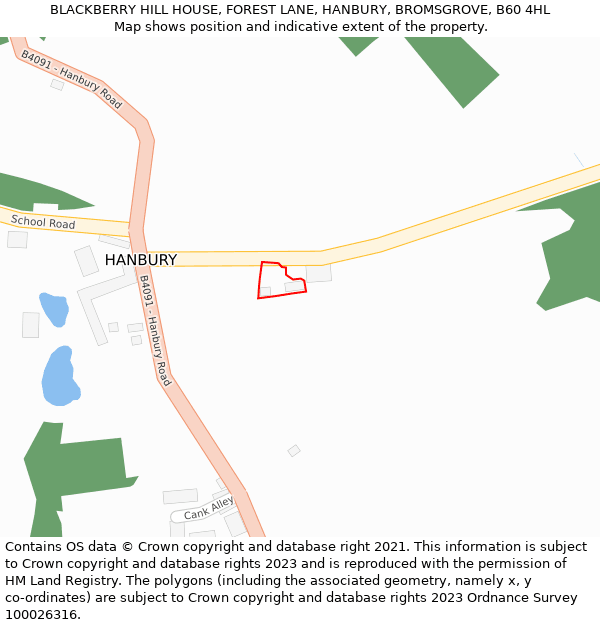 BLACKBERRY HILL HOUSE, FOREST LANE, HANBURY, BROMSGROVE, B60 4HL: Location map and indicative extent of plot