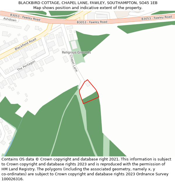 BLACKBIRD COTTAGE, CHAPEL LANE, FAWLEY, SOUTHAMPTON, SO45 1EB: Location map and indicative extent of plot