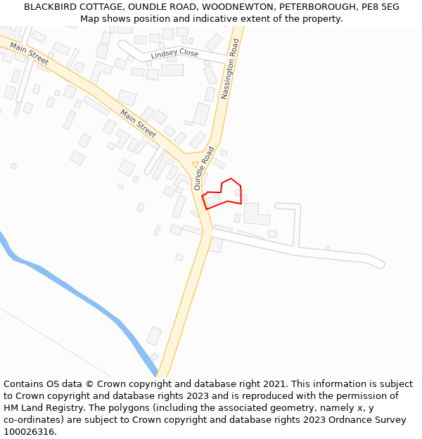 BLACKBIRD COTTAGE, OUNDLE ROAD, WOODNEWTON, PETERBOROUGH, PE8 5EG: Location map and indicative extent of plot