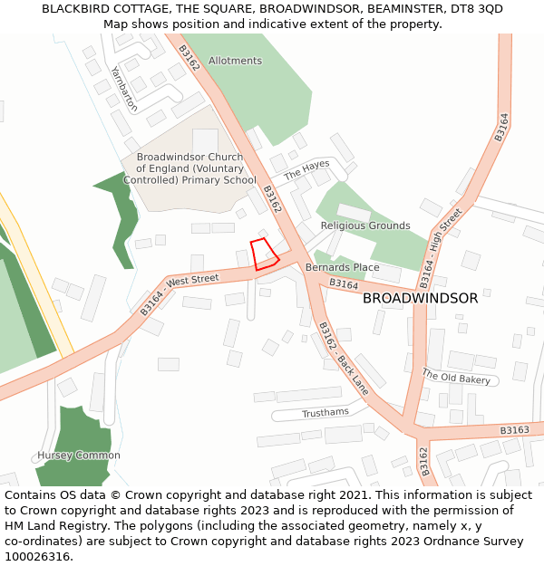 BLACKBIRD COTTAGE, THE SQUARE, BROADWINDSOR, BEAMINSTER, DT8 3QD: Location map and indicative extent of plot