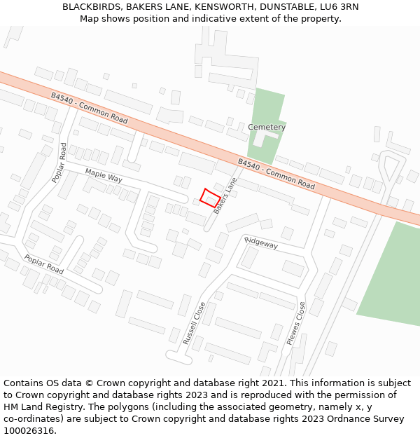BLACKBIRDS, BAKERS LANE, KENSWORTH, DUNSTABLE, LU6 3RN: Location map and indicative extent of plot