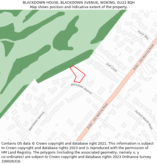 BLACKDOWN HOUSE, BLACKDOWN AVENUE, WOKING, GU22 8QH: Location map and indicative extent of plot