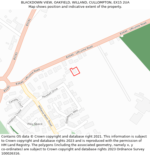 BLACKDOWN VIEW, OAKFIELD, WILLAND, CULLOMPTON, EX15 2UA: Location map and indicative extent of plot