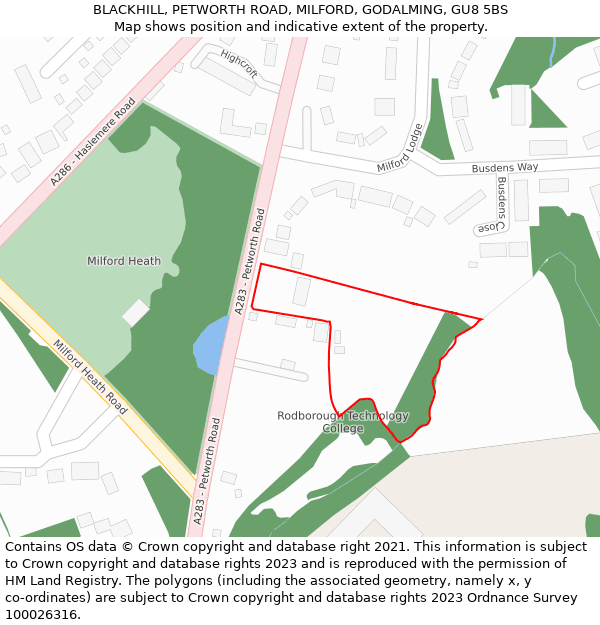 BLACKHILL, PETWORTH ROAD, MILFORD, GODALMING, GU8 5BS: Location map and indicative extent of plot