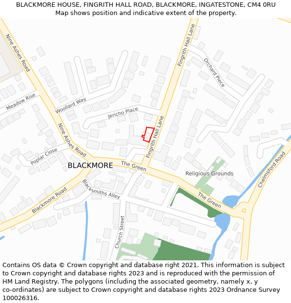 BLACKMORE HOUSE, FINGRITH HALL ROAD, BLACKMORE, INGATESTONE, CM4 0RU: Location map and indicative extent of plot