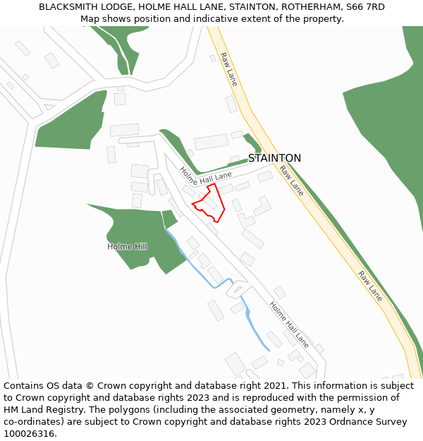 BLACKSMITH LODGE, HOLME HALL LANE, STAINTON, ROTHERHAM, S66 7RD: Location map and indicative extent of plot