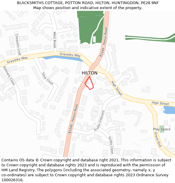 BLACKSMITHS COTTAGE, POTTON ROAD, HILTON, HUNTINGDON, PE28 9NF: Location map and indicative extent of plot