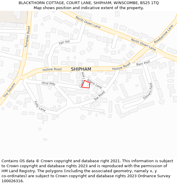 BLACKTHORN COTTAGE, COURT LANE, SHIPHAM, WINSCOMBE, BS25 1TQ: Location map and indicative extent of plot