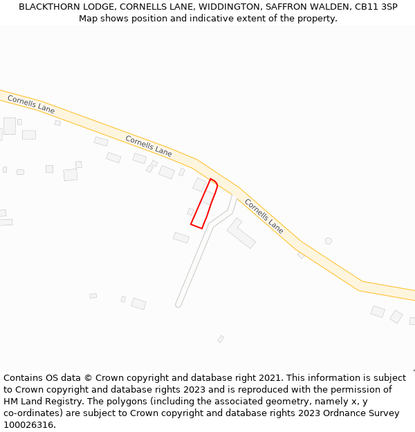 BLACKTHORN LODGE, CORNELLS LANE, WIDDINGTON, SAFFRON WALDEN, CB11 3SP: Location map and indicative extent of plot