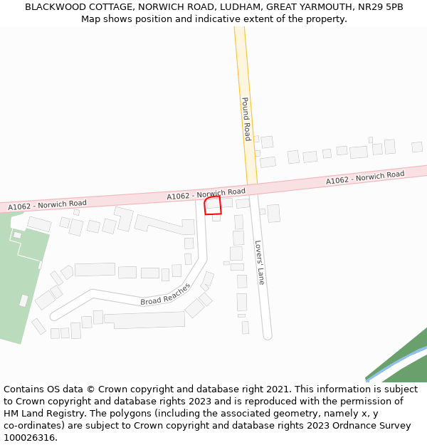 BLACKWOOD COTTAGE, NORWICH ROAD, LUDHAM, GREAT YARMOUTH, NR29 5PB: Location map and indicative extent of plot