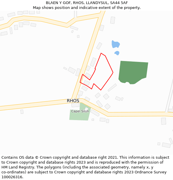 BLAEN Y GOF, RHOS, LLANDYSUL, SA44 5AF: Location map and indicative extent of plot