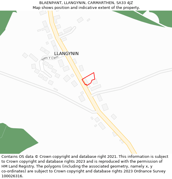 BLAENPANT, LLANGYNIN, CARMARTHEN, SA33 4JZ: Location map and indicative extent of plot