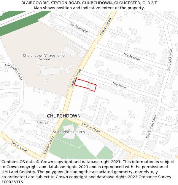 BLAIRGOWRIE, STATION ROAD, CHURCHDOWN, GLOUCESTER, GL3 2JT: Location map and indicative extent of plot