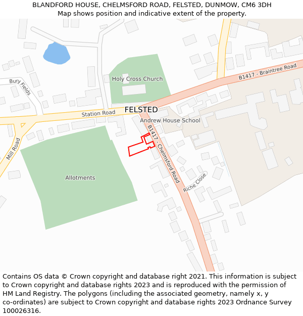BLANDFORD HOUSE, CHELMSFORD ROAD, FELSTED, DUNMOW, CM6 3DH: Location map and indicative extent of plot
