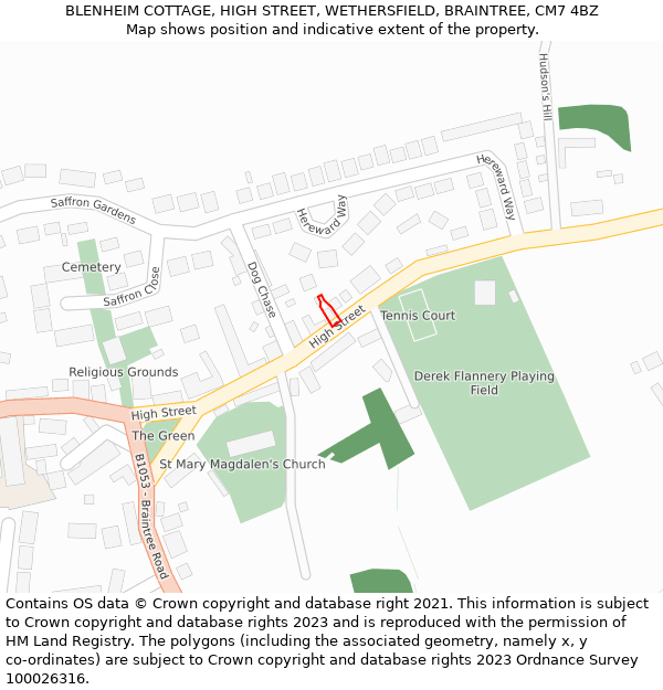 BLENHEIM COTTAGE, HIGH STREET, WETHERSFIELD, BRAINTREE, CM7 4BZ: Location map and indicative extent of plot