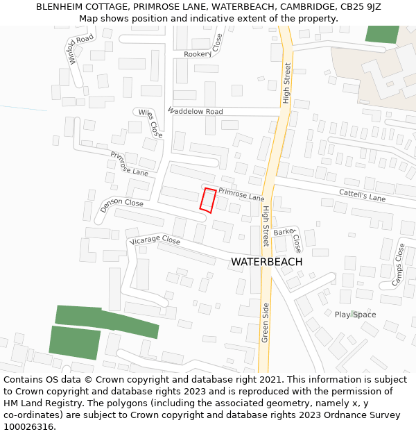 BLENHEIM COTTAGE, PRIMROSE LANE, WATERBEACH, CAMBRIDGE, CB25 9JZ: Location map and indicative extent of plot