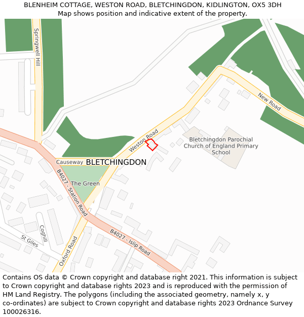 BLENHEIM COTTAGE, WESTON ROAD, BLETCHINGDON, KIDLINGTON, OX5 3DH: Location map and indicative extent of plot