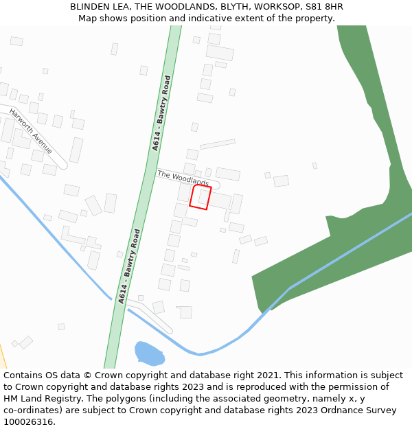 BLINDEN LEA, THE WOODLANDS, BLYTH, WORKSOP, S81 8HR: Location map and indicative extent of plot