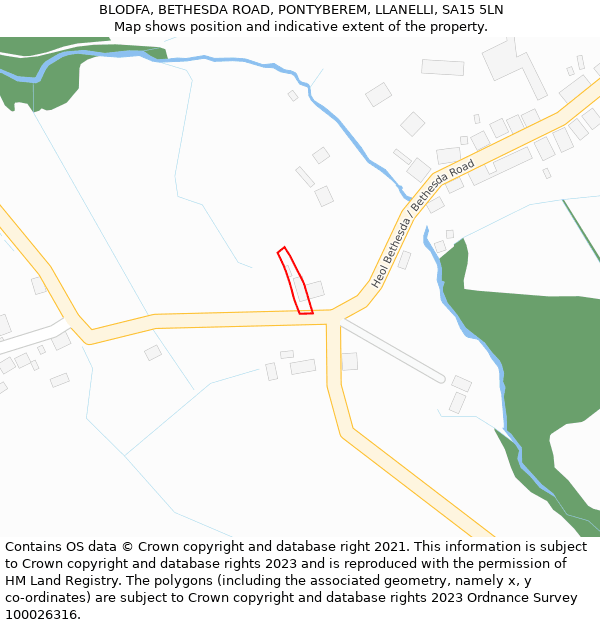 BLODFA, BETHESDA ROAD, PONTYBEREM, LLANELLI, SA15 5LN: Location map and indicative extent of plot