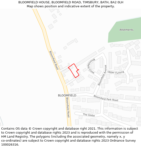 BLOOMFIELD HOUSE, BLOOMFIELD ROAD, TIMSBURY, BATH, BA2 0LH: Location map and indicative extent of plot