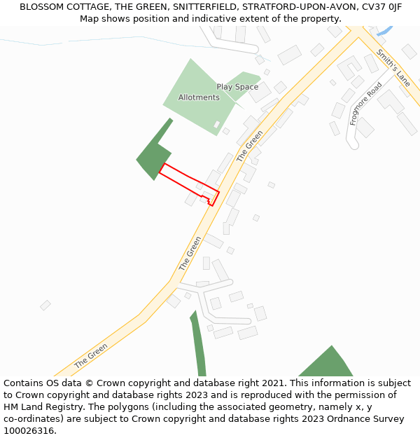 BLOSSOM COTTAGE, THE GREEN, SNITTERFIELD, STRATFORD-UPON-AVON, CV37 0JF: Location map and indicative extent of plot