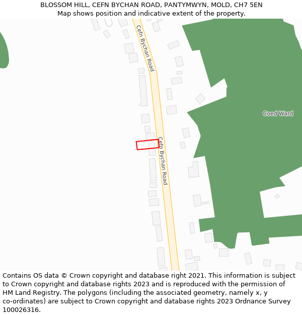 BLOSSOM HILL, CEFN BYCHAN ROAD, PANTYMWYN, MOLD, CH7 5EN: Location map and indicative extent of plot
