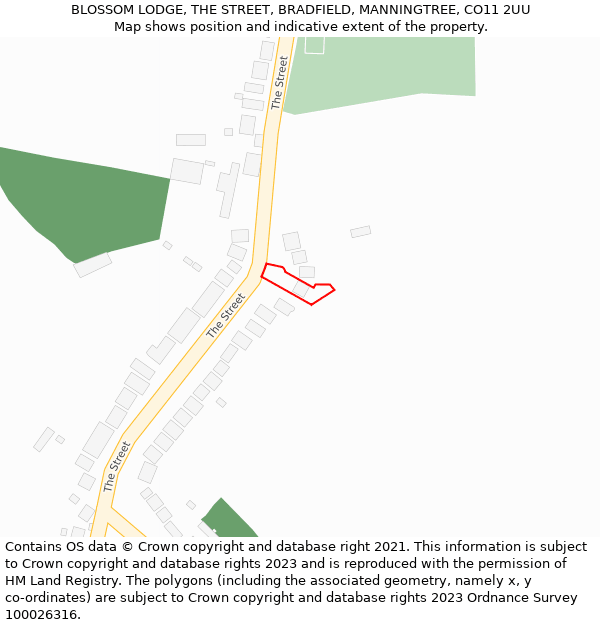 BLOSSOM LODGE, THE STREET, BRADFIELD, MANNINGTREE, CO11 2UU: Location map and indicative extent of plot