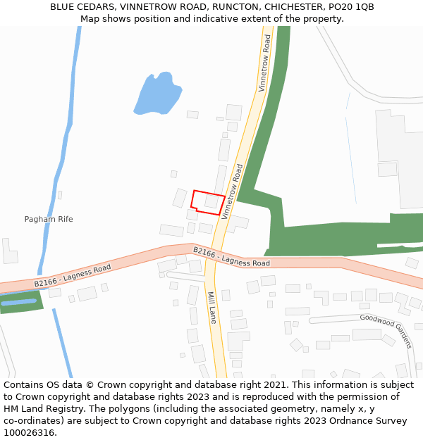 BLUE CEDARS, VINNETROW ROAD, RUNCTON, CHICHESTER, PO20 1QB: Location map and indicative extent of plot