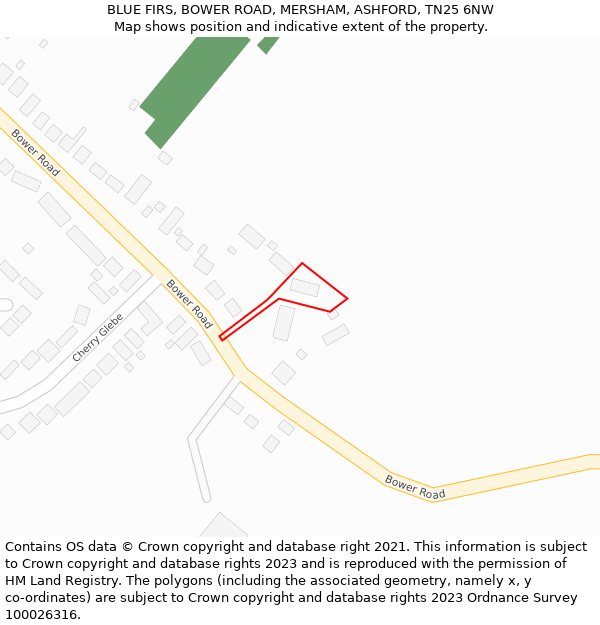 BLUE FIRS, BOWER ROAD, MERSHAM, ASHFORD, TN25 6NW: Location map and indicative extent of plot