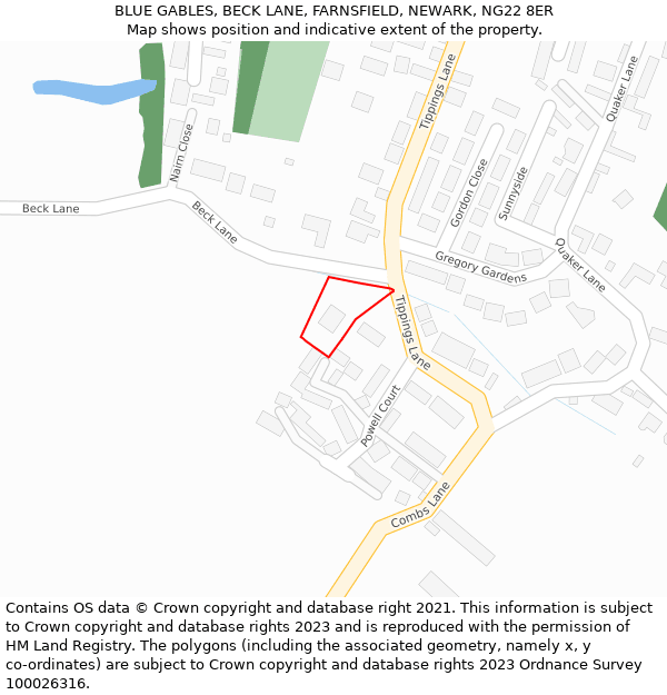 BLUE GABLES, BECK LANE, FARNSFIELD, NEWARK, NG22 8ER: Location map and indicative extent of plot