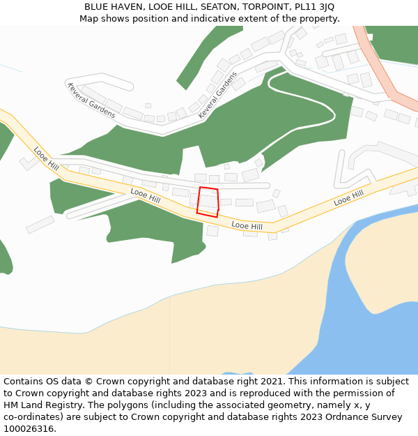 BLUE HAVEN, LOOE HILL, SEATON, TORPOINT, PL11 3JQ: Location map and indicative extent of plot