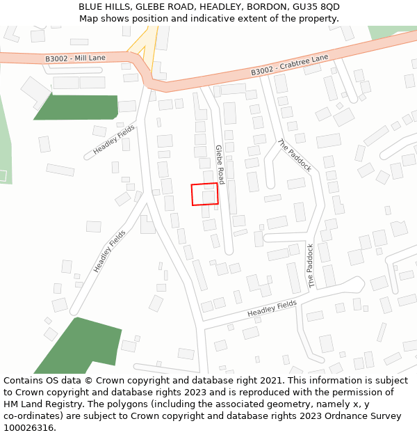 BLUE HILLS, GLEBE ROAD, HEADLEY, BORDON, GU35 8QD: Location map and indicative extent of plot