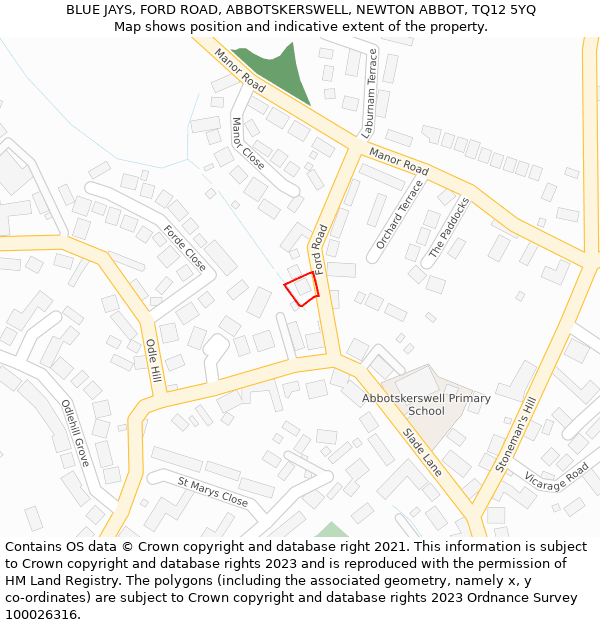 BLUE JAYS, FORD ROAD, ABBOTSKERSWELL, NEWTON ABBOT, TQ12 5YQ: Location map and indicative extent of plot