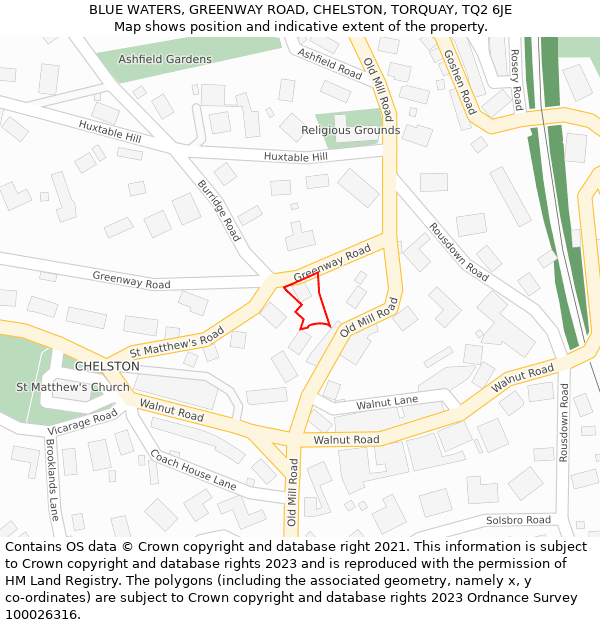 BLUE WATERS, GREENWAY ROAD, CHELSTON, TORQUAY, TQ2 6JE: Location map and indicative extent of plot