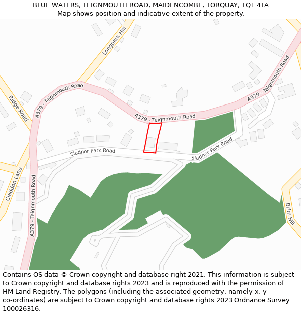 BLUE WATERS, TEIGNMOUTH ROAD, MAIDENCOMBE, TORQUAY, TQ1 4TA: Location map and indicative extent of plot