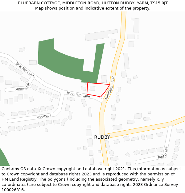 BLUEBARN COTTAGE, MIDDLETON ROAD, HUTTON RUDBY, YARM, TS15 0JT: Location map and indicative extent of plot