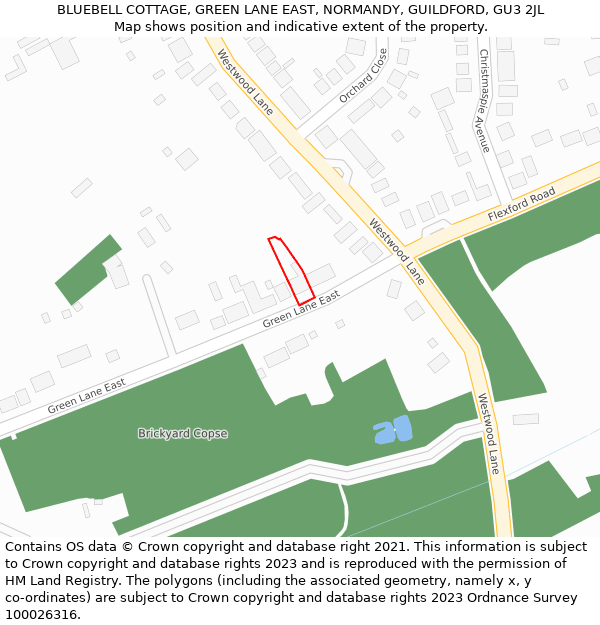 BLUEBELL COTTAGE, GREEN LANE EAST, NORMANDY, GUILDFORD, GU3 2JL: Location map and indicative extent of plot