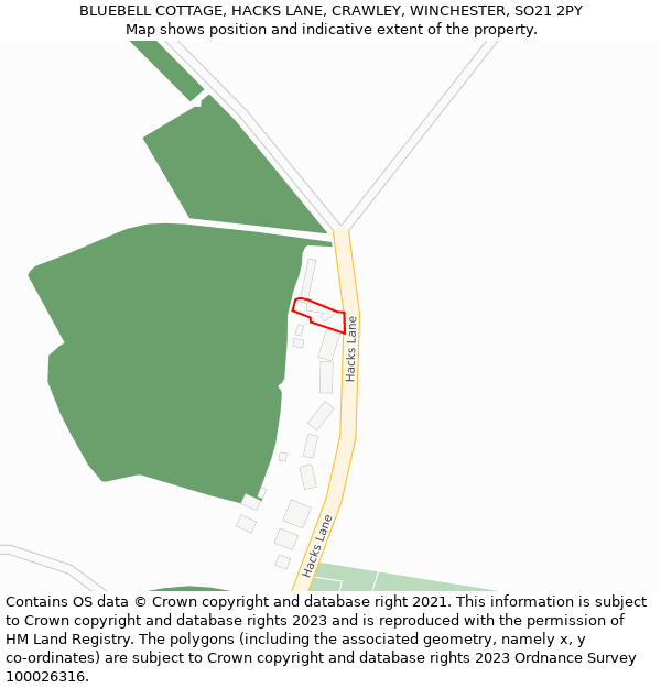 BLUEBELL COTTAGE, HACKS LANE, CRAWLEY, WINCHESTER, SO21 2PY: Location map and indicative extent of plot