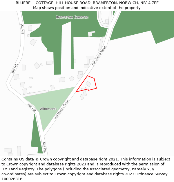 BLUEBELL COTTAGE, HILL HOUSE ROAD, BRAMERTON, NORWICH, NR14 7EE: Location map and indicative extent of plot