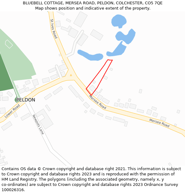 BLUEBELL COTTAGE, MERSEA ROAD, PELDON, COLCHESTER, CO5 7QE: Location map and indicative extent of plot