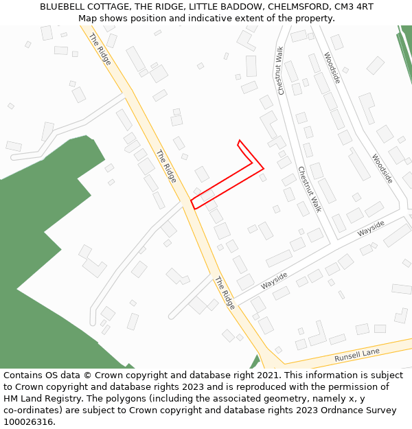 BLUEBELL COTTAGE, THE RIDGE, LITTLE BADDOW, CHELMSFORD, CM3 4RT: Location map and indicative extent of plot