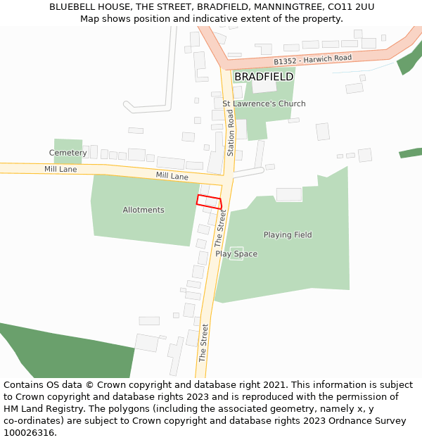 BLUEBELL HOUSE, THE STREET, BRADFIELD, MANNINGTREE, CO11 2UU: Location map and indicative extent of plot