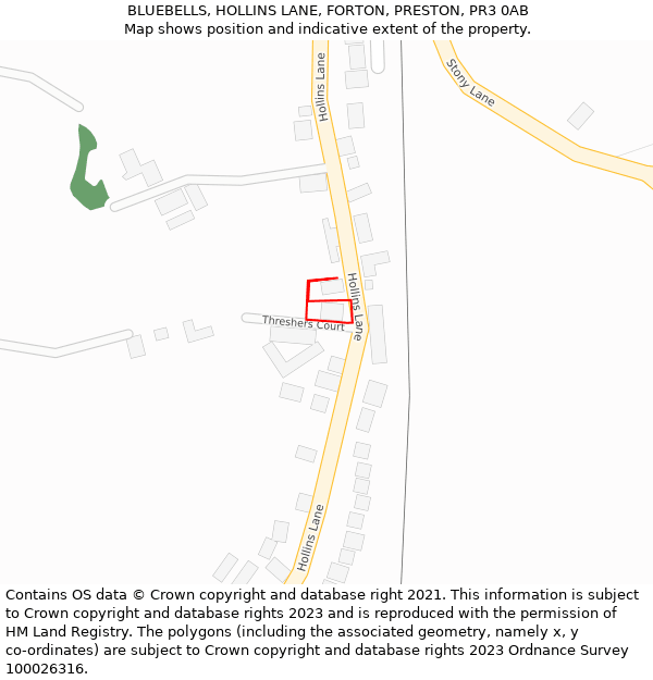 BLUEBELLS, HOLLINS LANE, FORTON, PRESTON, PR3 0AB: Location map and indicative extent of plot