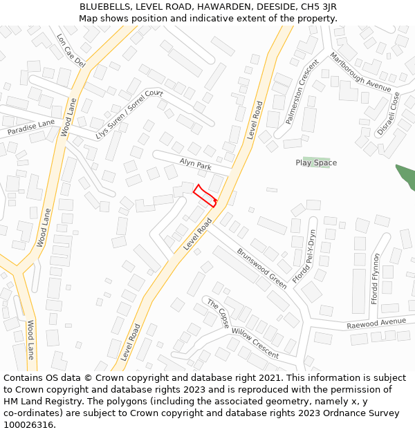 BLUEBELLS, LEVEL ROAD, HAWARDEN, DEESIDE, CH5 3JR: Location map and indicative extent of plot