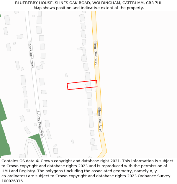 BLUEBERRY HOUSE, SLINES OAK ROAD, WOLDINGHAM, CATERHAM, CR3 7HL: Location map and indicative extent of plot