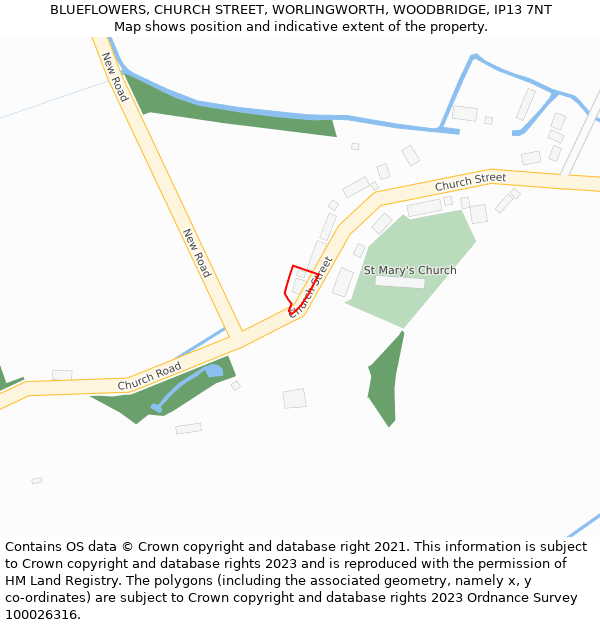 BLUEFLOWERS, CHURCH STREET, WORLINGWORTH, WOODBRIDGE, IP13 7NT: Location map and indicative extent of plot