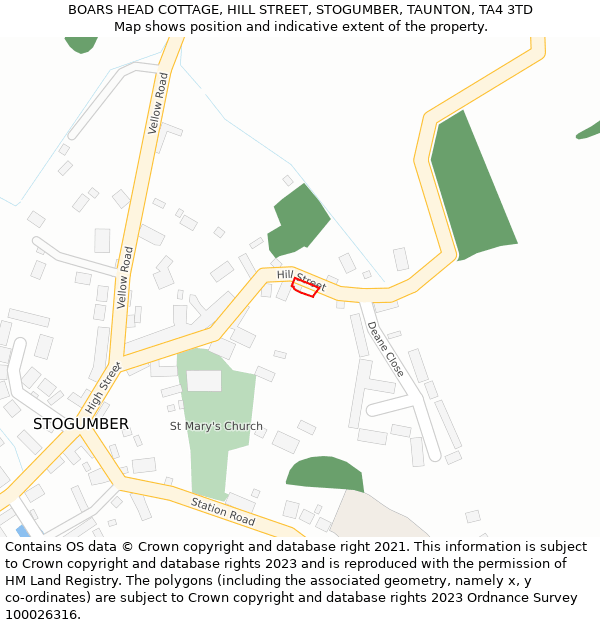 BOARS HEAD COTTAGE, HILL STREET, STOGUMBER, TAUNTON, TA4 3TD: Location map and indicative extent of plot